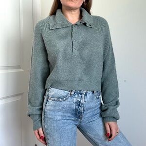 Half Snap Closure Long Sleeve Cropped Sweater with Side Slits